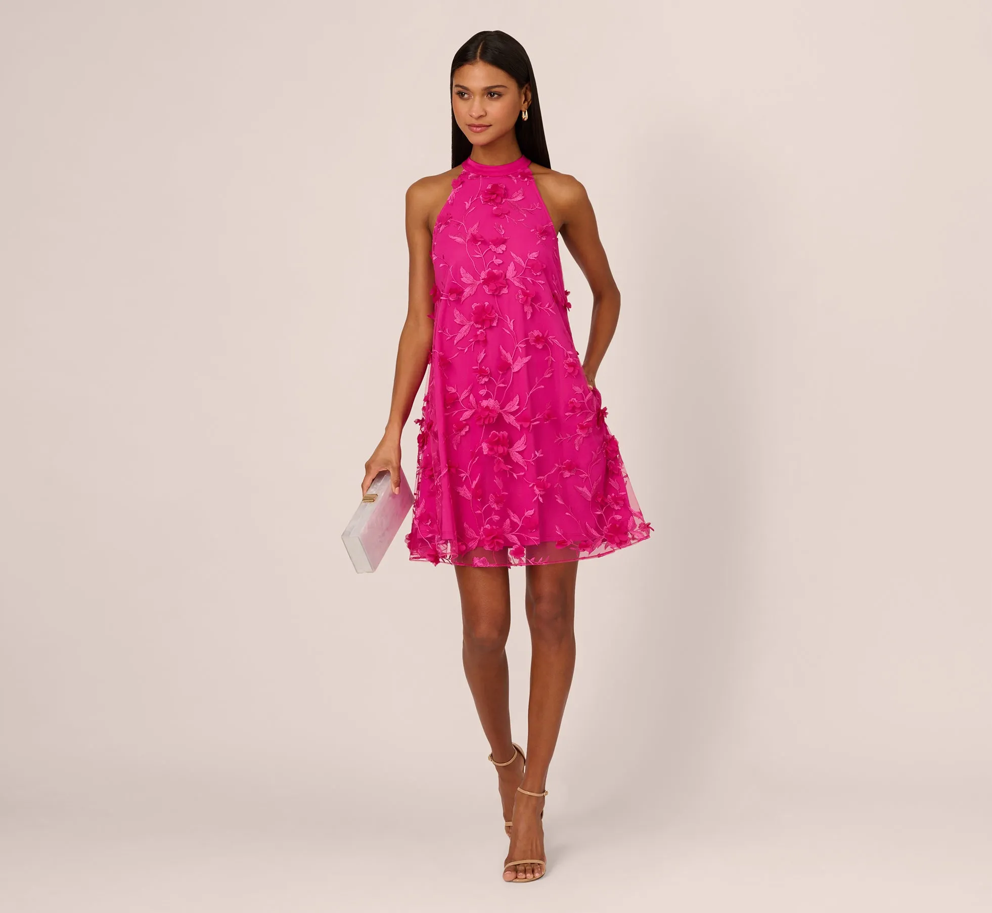 3D Floral Embroidered Trapeze Dress With Open Bow Back In Cosmo Pink