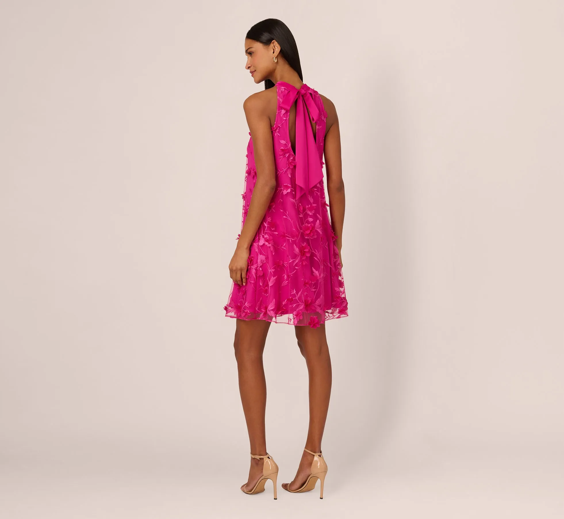 3D Floral Embroidered Trapeze Dress With Open Bow Back In Cosmo Pink