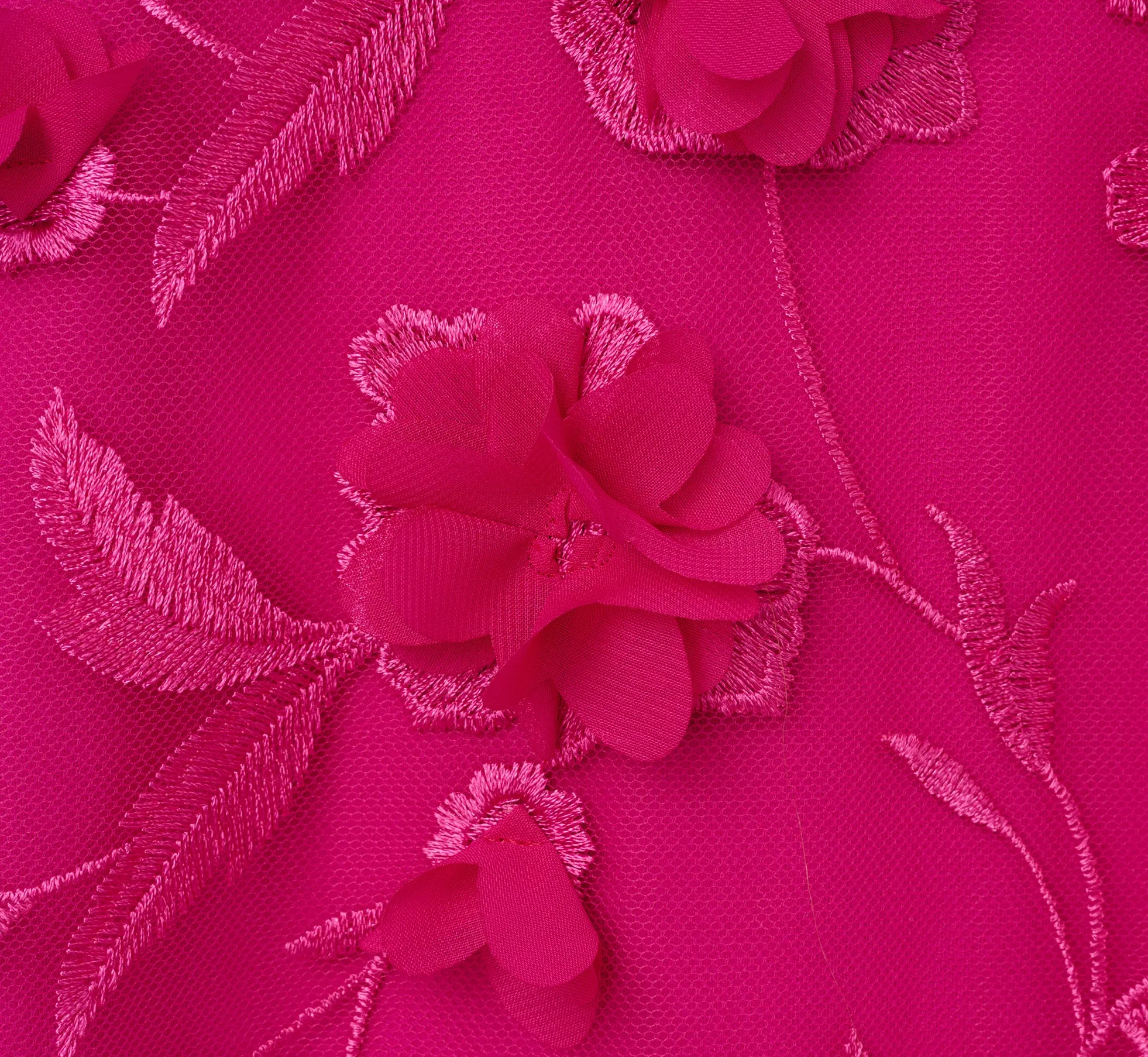 3D Floral Embroidered Trapeze Dress With Open Bow Back In Cosmo Pink