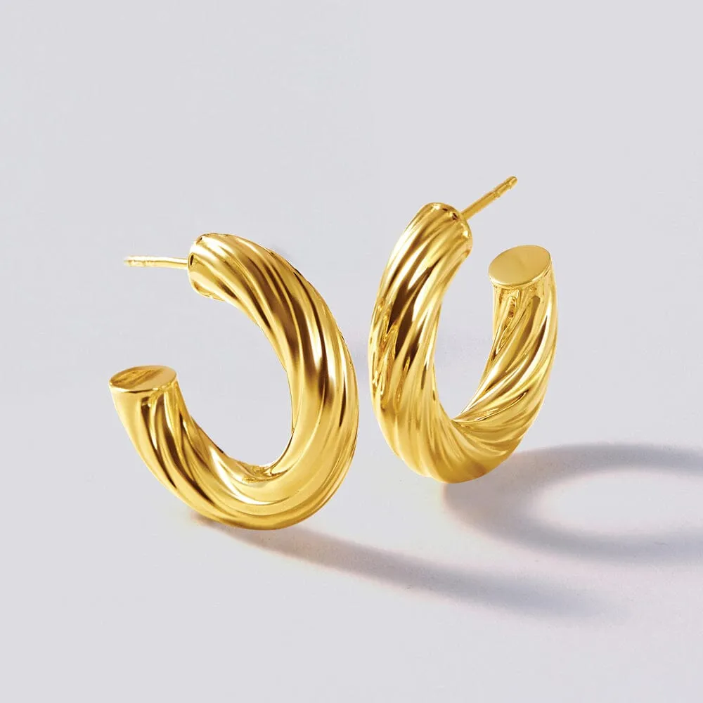 9ct Yellow Gold Silver Infused Medium Twist Chunky Hoop Earrings
