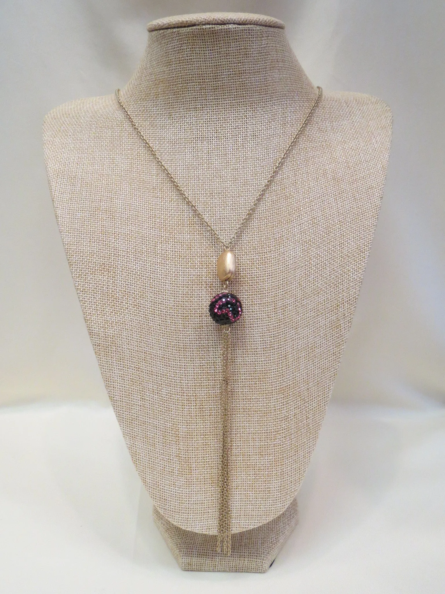 ADO | Pink Black & Gold Long Pave Ball Necklace Pendant