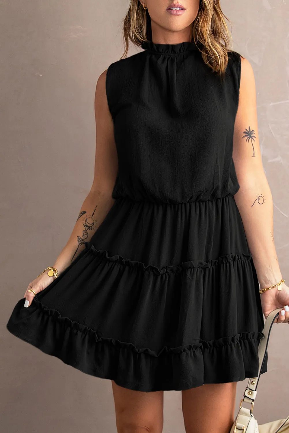 Black Sleeveless V Neck Ruffled Swing Mini Dress