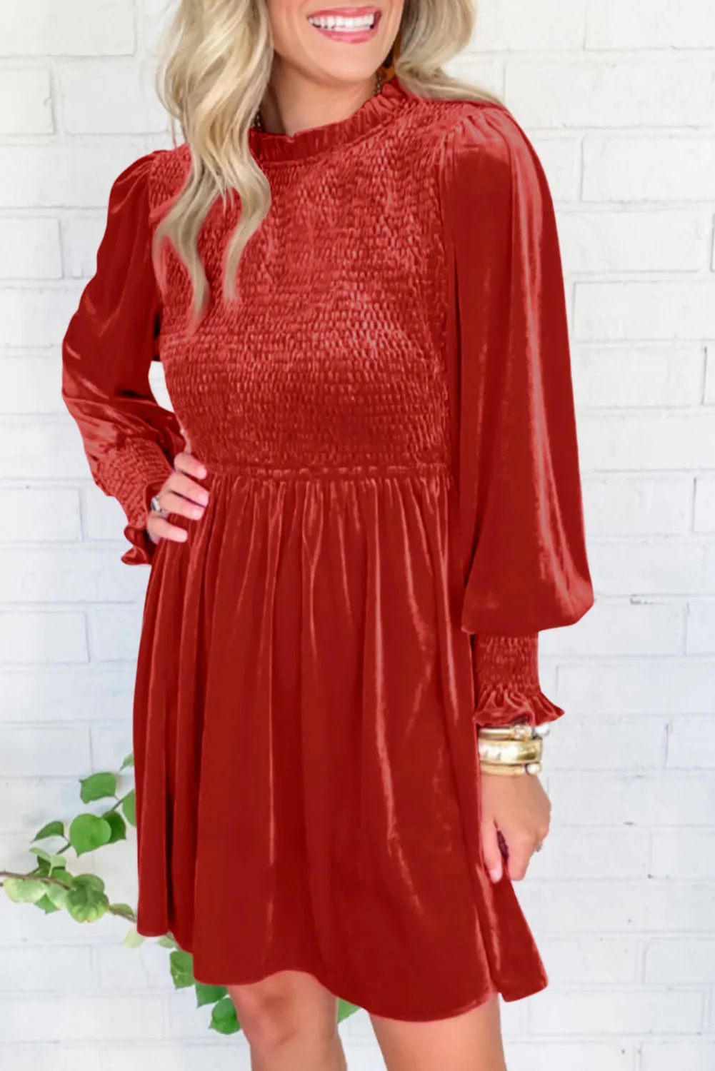 Clay Red Frilled Neck Smocked Bodice Velvet Dress