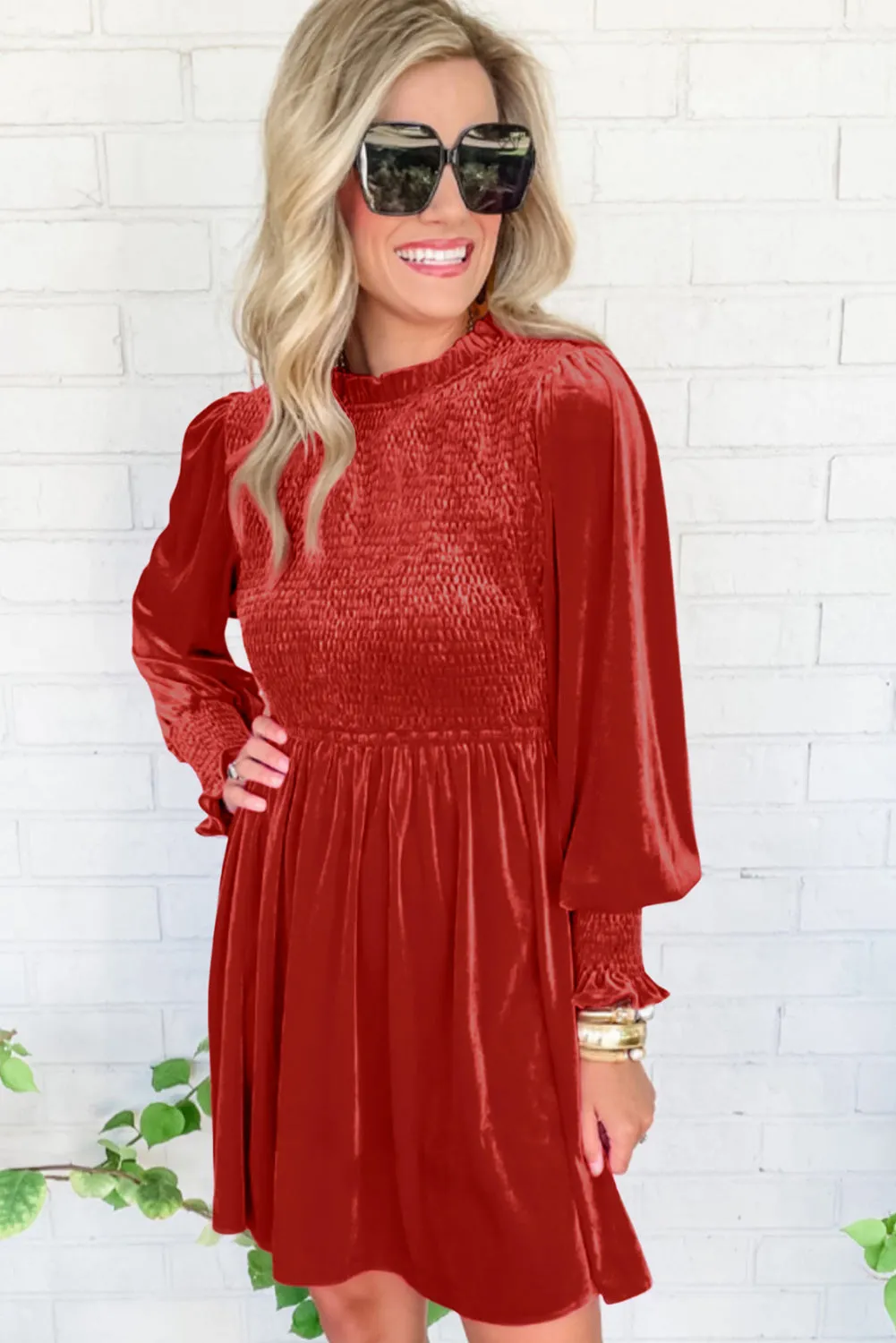 Clay Red Frilled Neck Smocked Bodice Velvet Dress