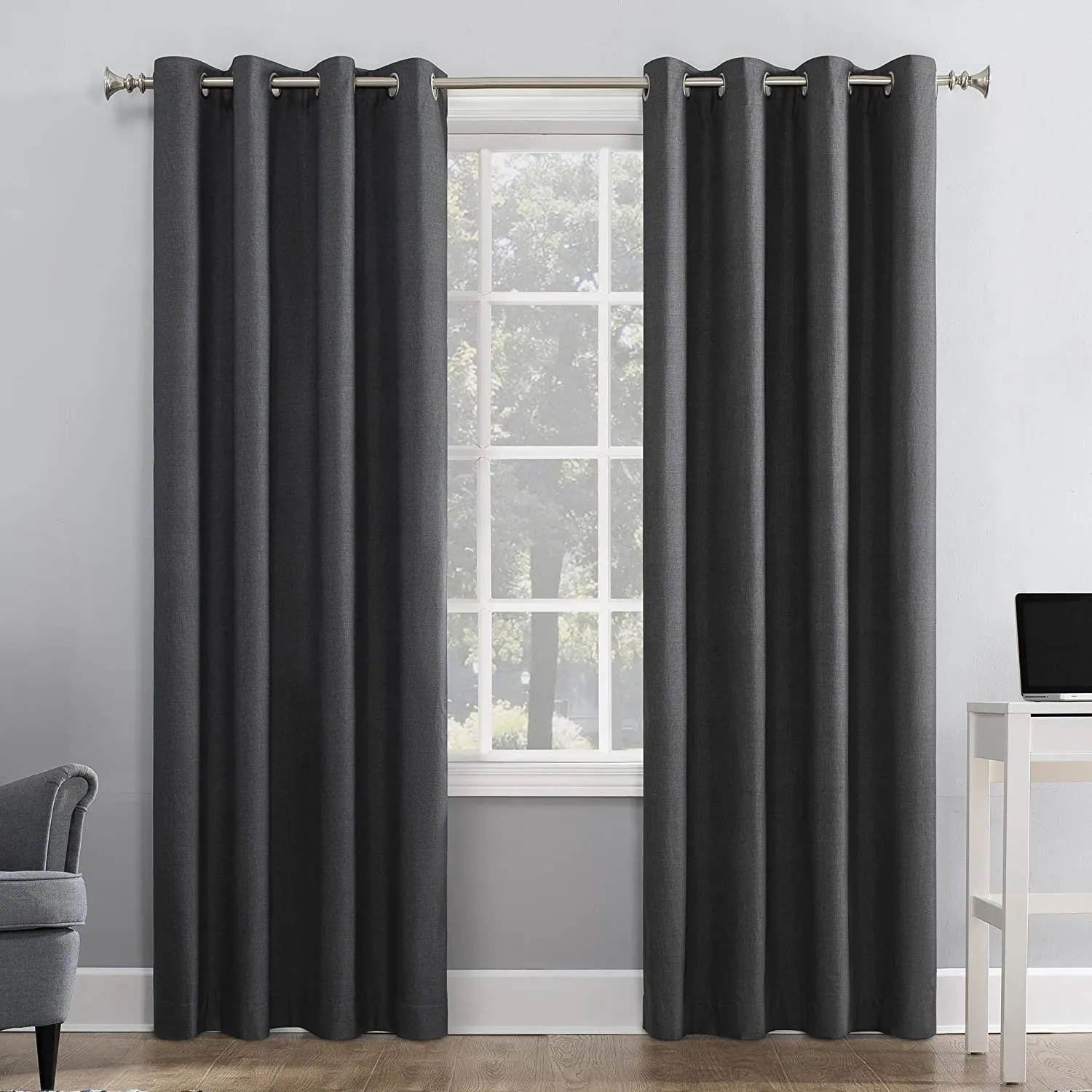 Duran Thermal Insulated Total Blackout Grommet Top Curtain Panels- Sun Zero-Charcoal! 50"X108" Each! Retails $208 W/Tax! Winner can buy 2nd set at winning bid!