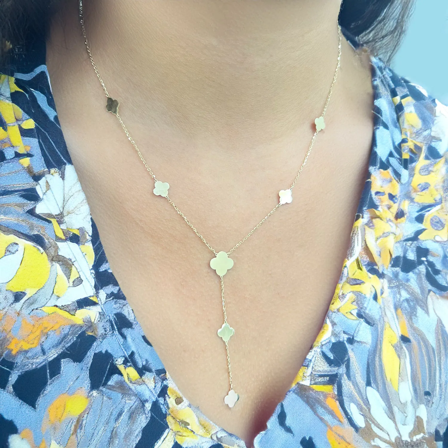Gold Clover Station Lariat Necklace