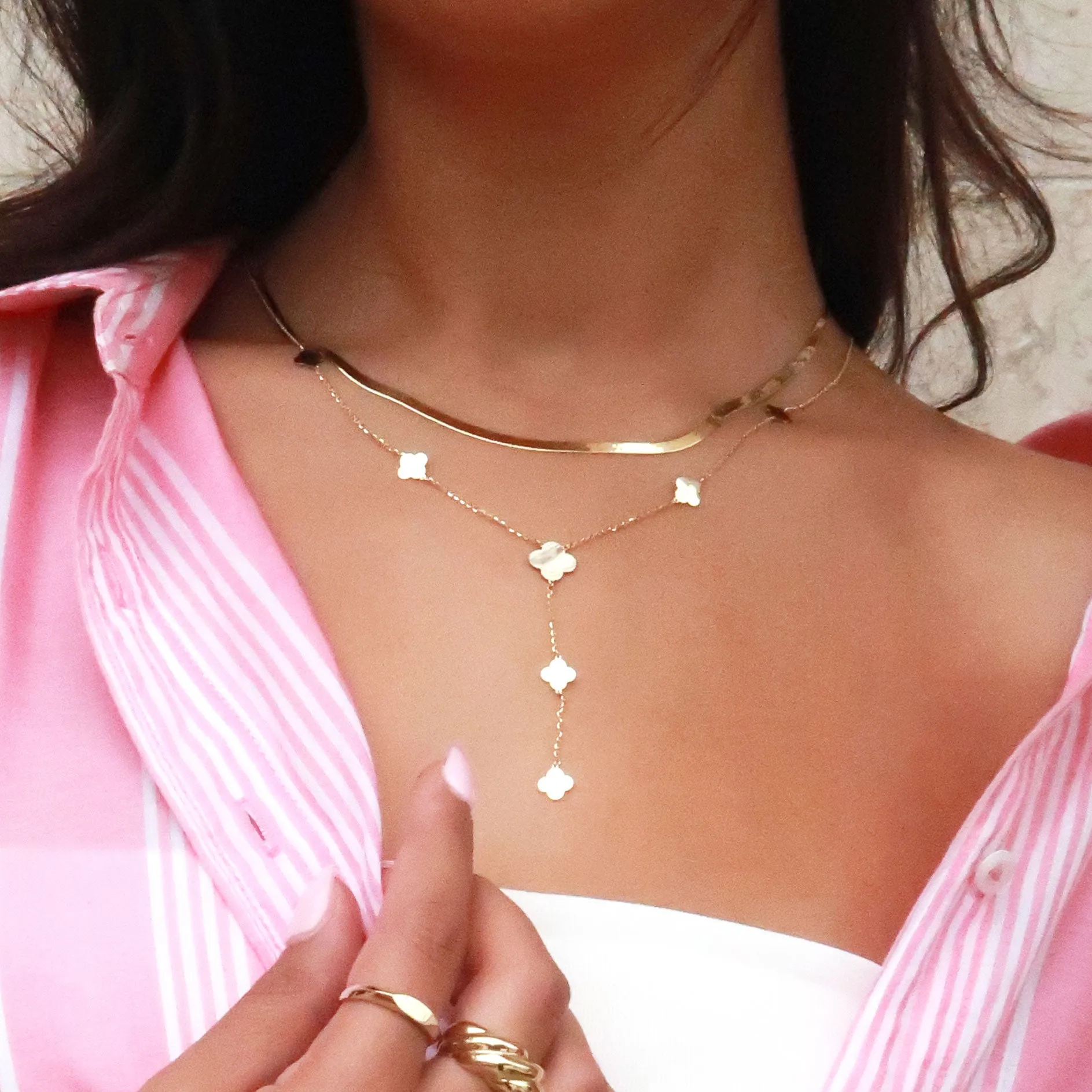 Gold Clover Station Lariat Necklace