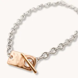 Hammered Rectangle T-bar Necklace, Silver and Rose gold