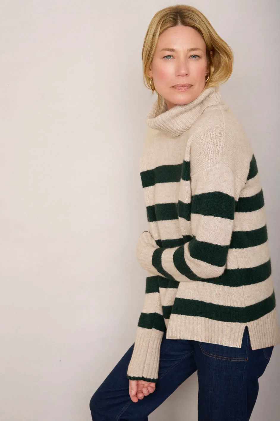 Nadia Funnel Neck Jumper - Oat/Forest Green Stripe