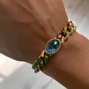 Rebecca Cocktail Gold Chunky Link Oval Bracelet - Aqua Blue