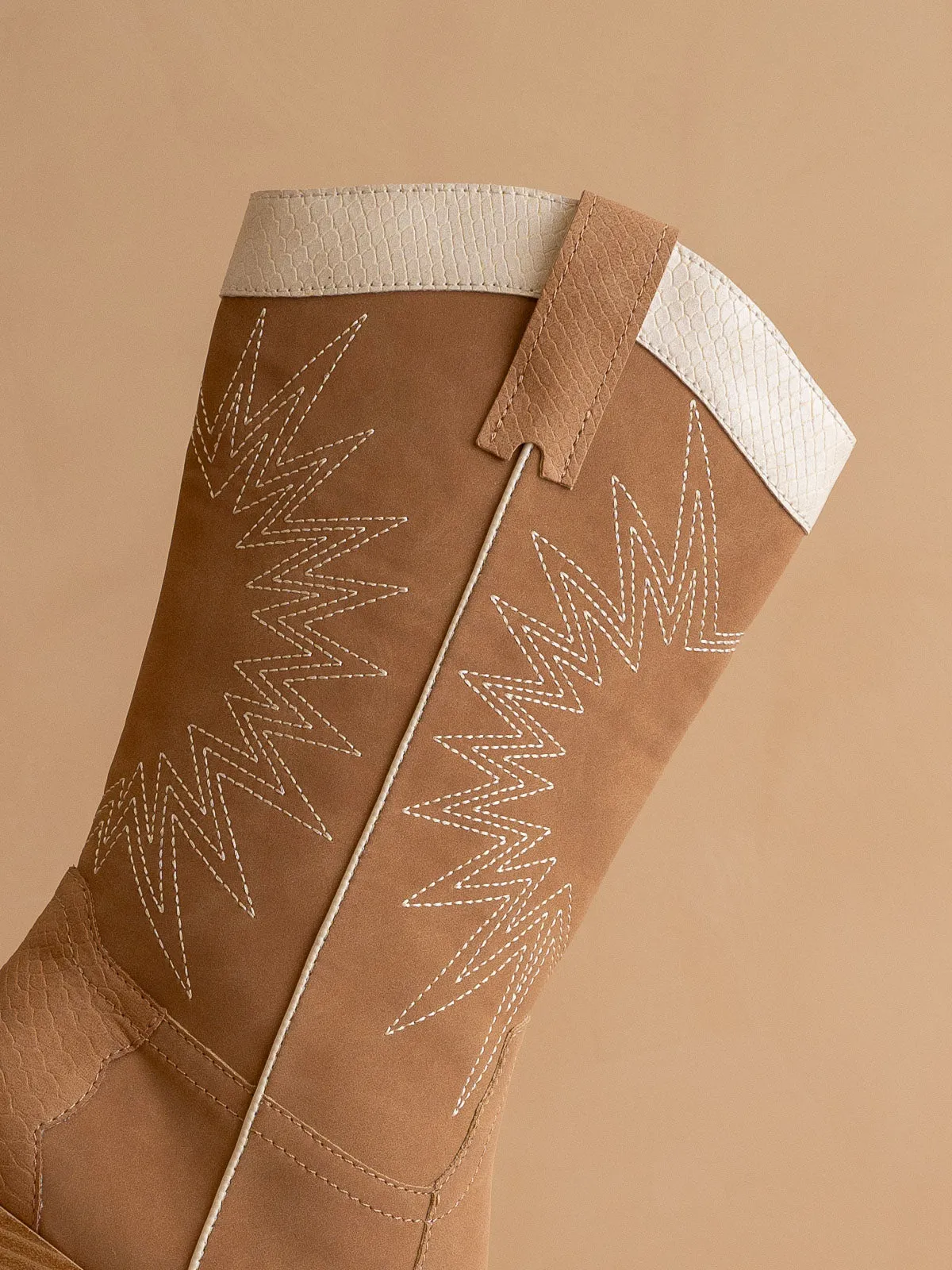 The Halle | Camel Paneled Cowboy Boot with Snake Print Detailing