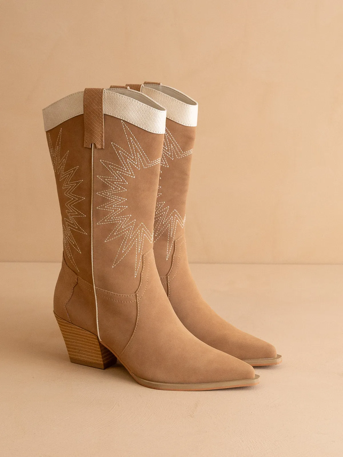 The Halle | Camel Paneled Cowboy Boot with Snake Print Detailing