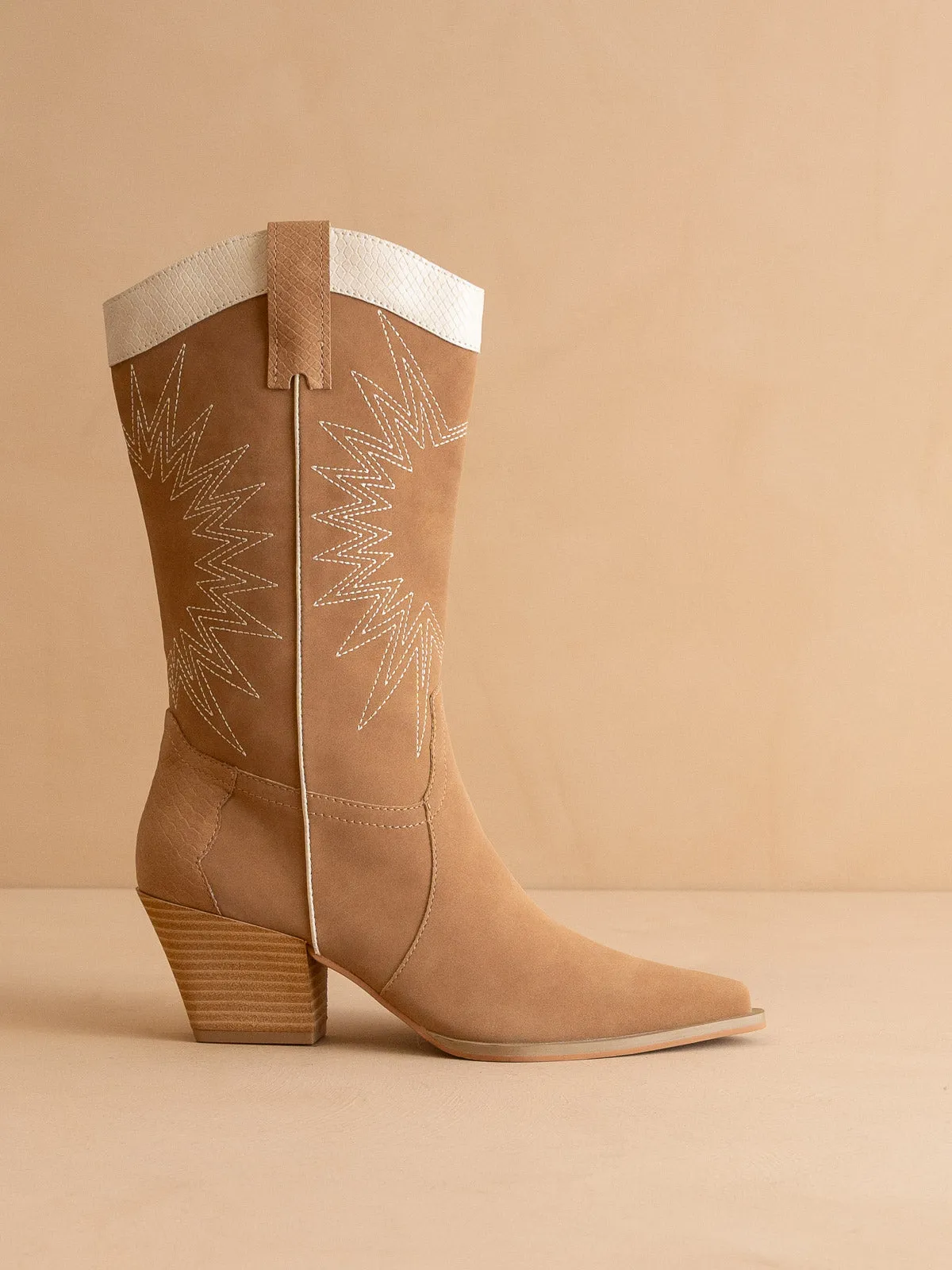 The Halle | Camel Paneled Cowboy Boot with Snake Print Detailing