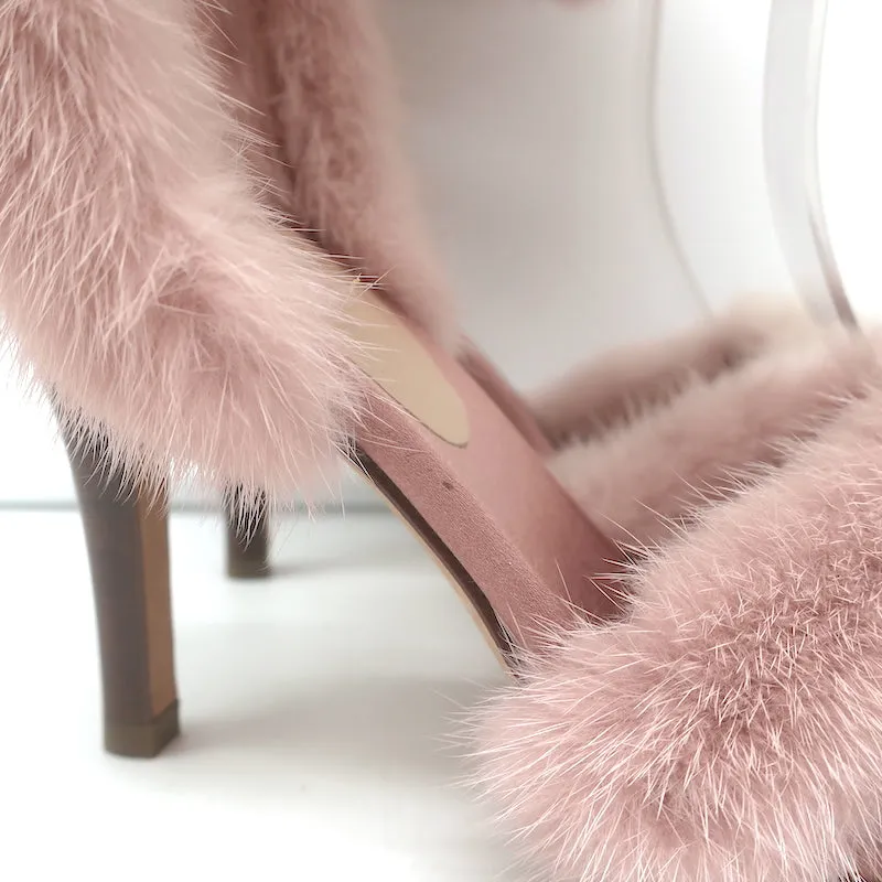 Valentino Mink Fur Sandals Blush Size 37.5 Ankle Strap Heels