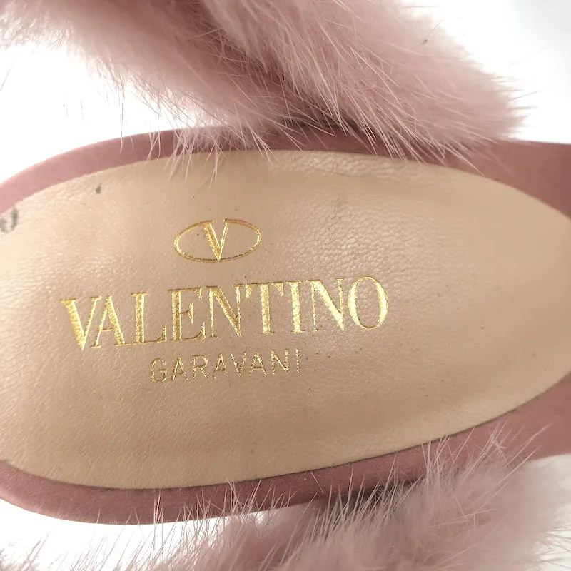 Valentino Mink Fur Sandals Blush Size 37.5 Ankle Strap Heels