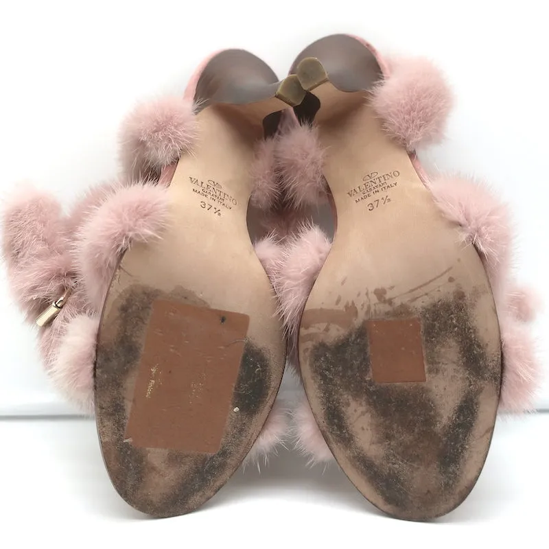 Valentino Mink Fur Sandals Blush Size 37.5 Ankle Strap Heels