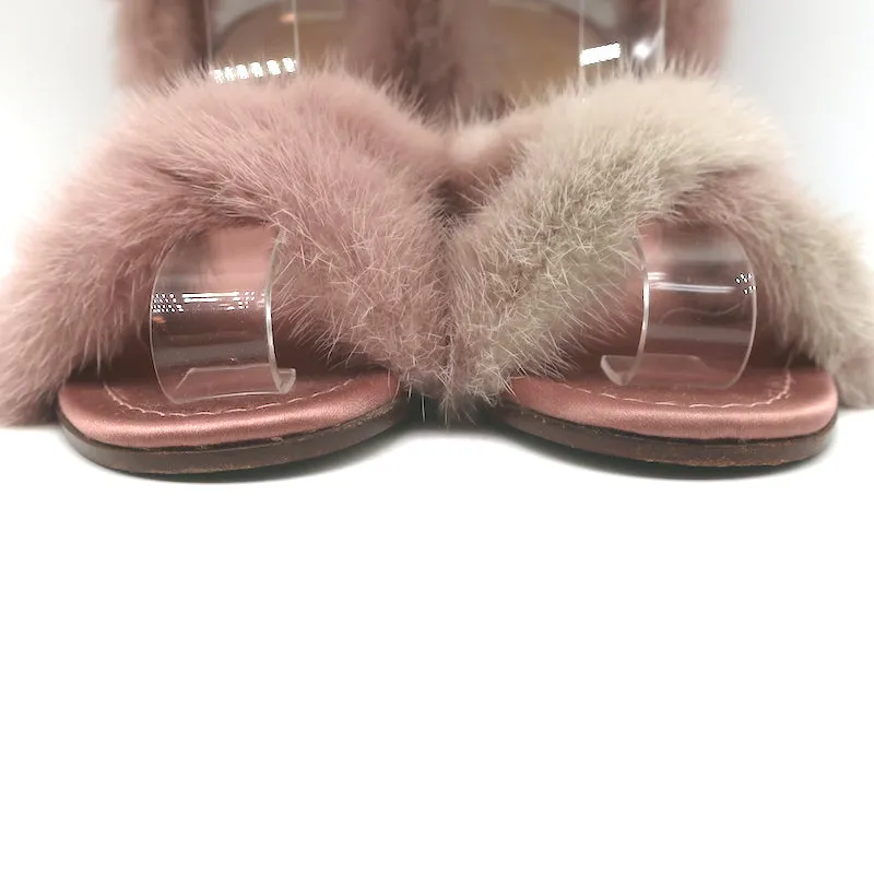 Valentino Mink Fur Sandals Blush Size 37.5 Ankle Strap Heels