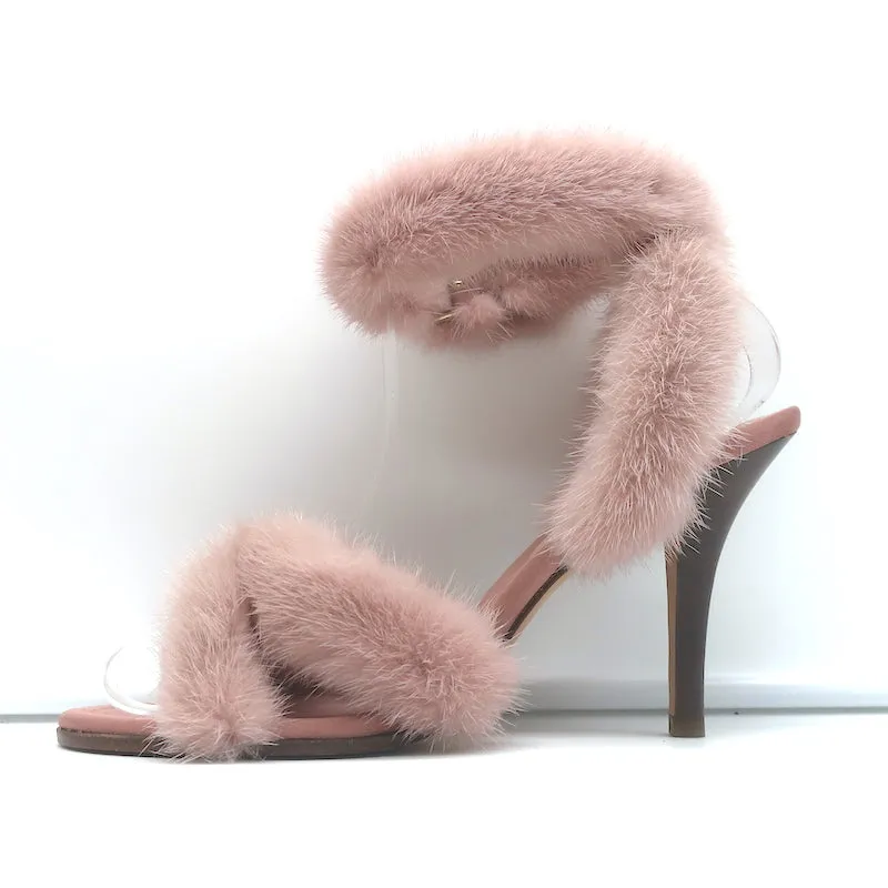 Valentino Mink Fur Sandals Blush Size 37.5 Ankle Strap Heels