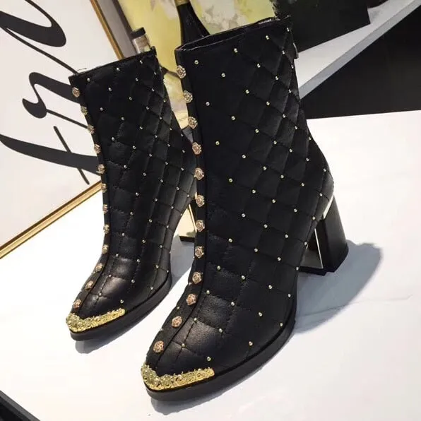 Women Ankle Boots Pointed Toe High Heels Zipper Square Heel Ladies F Short Boots