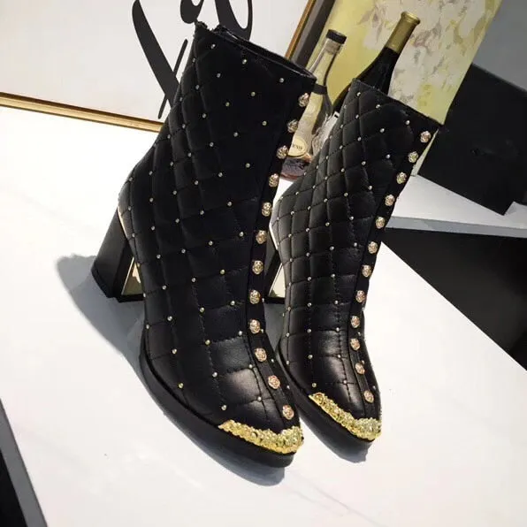 Women Ankle Boots Pointed Toe High Heels Zipper Square Heel Ladies F Short Boots
