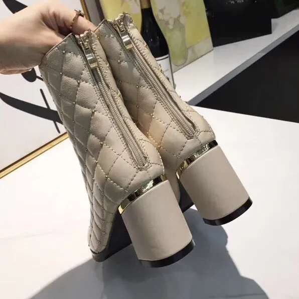 Women Ankle Boots Pointed Toe High Heels Zipper Square Heel Ladies F Short Boots
