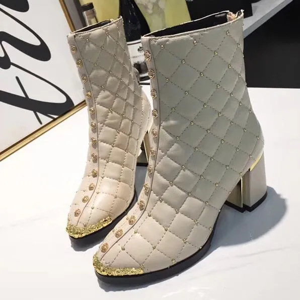 Women Ankle Boots Pointed Toe High Heels Zipper Square Heel Ladies F Short Boots