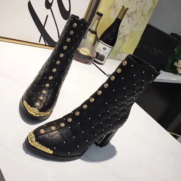 Women Ankle Boots Pointed Toe High Heels Zipper Square Heel Ladies F Short Boots