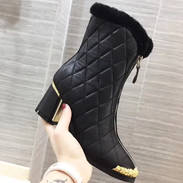 Women Ankle Boots Pointed Toe High Heels Zipper Square Heel Ladies F Short Boots