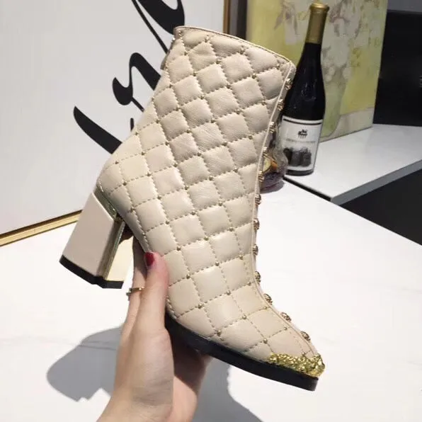 Women Ankle Boots Pointed Toe High Heels Zipper Square Heel Ladies F Short Boots