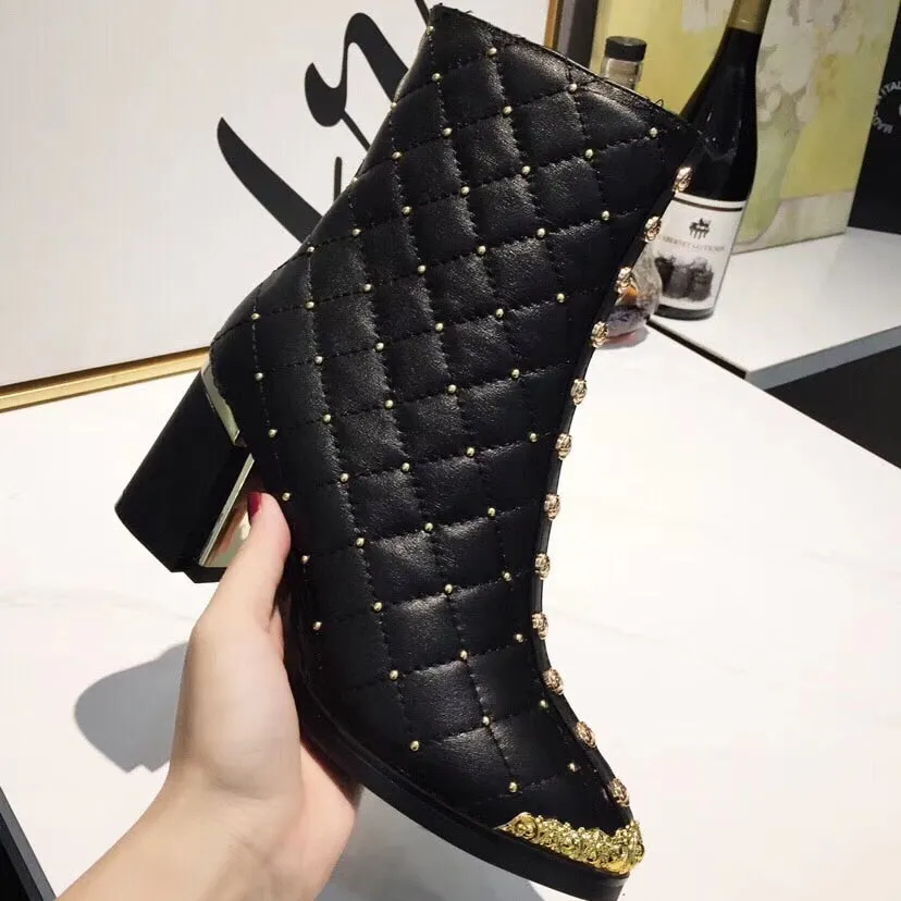 Women Ankle Boots Pointed Toe High Heels Zipper Square Heel Ladies F Short Boots