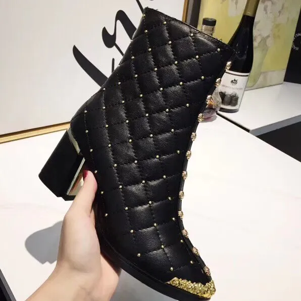 Women Ankle Boots Pointed Toe High Heels Zipper Square Heel Ladies F Short Boots