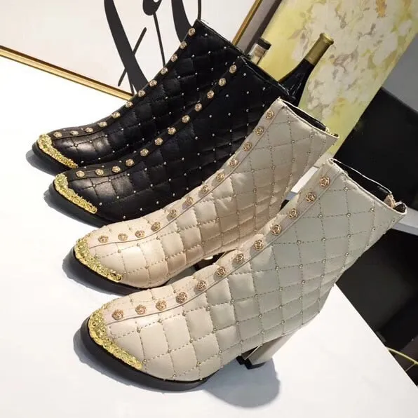 Women Ankle Boots Pointed Toe High Heels Zipper Square Heel Ladies F Short Boots